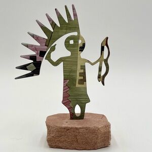 Southwest Kokopelli Metal Cut Statue Sand Stone Base Bow Arrow Ancient Warrior